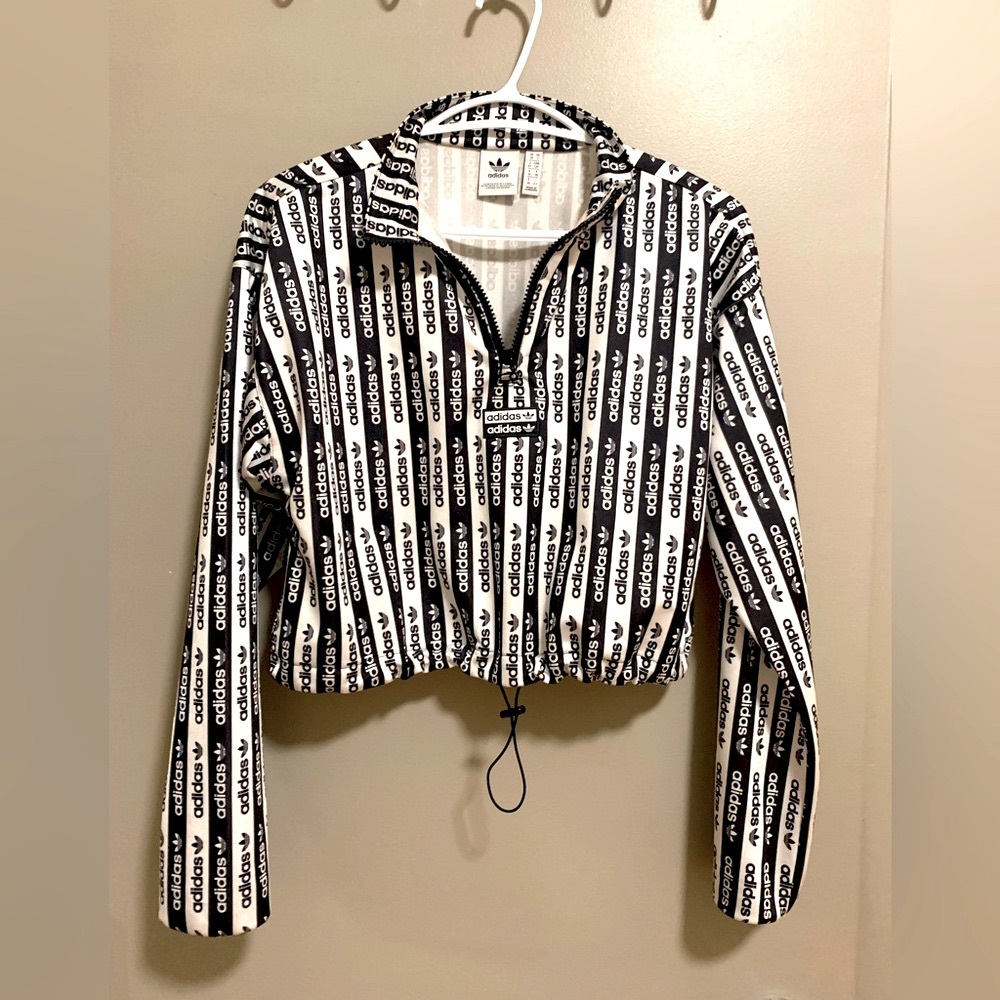 Adidas Logo Black and White Cropped Pullover Half Zip Sweater